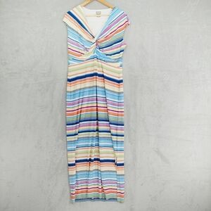 Chico's Sleeveless Twist Front Blue White Striped Slinky Maxi Dress P5475